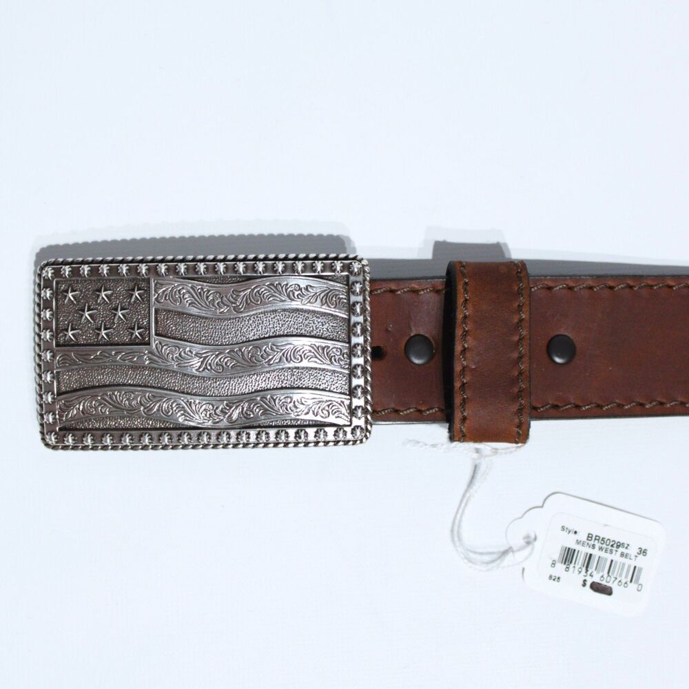 NWT Justin USA American Flag Brown Leather Western Belt Men Size 36 (45" x 1.5")